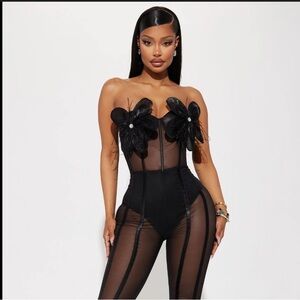 Fashion Nova Strolling Through Catch Sexy Glam Sheer Black Ruffle Hem Jumpsuit